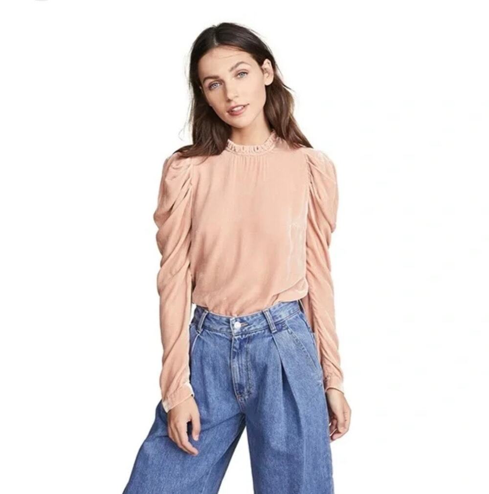 Ulla Johnson Marlene Crushed Velvet Blush Pink Puff Shoulder Silk Blouse 6
